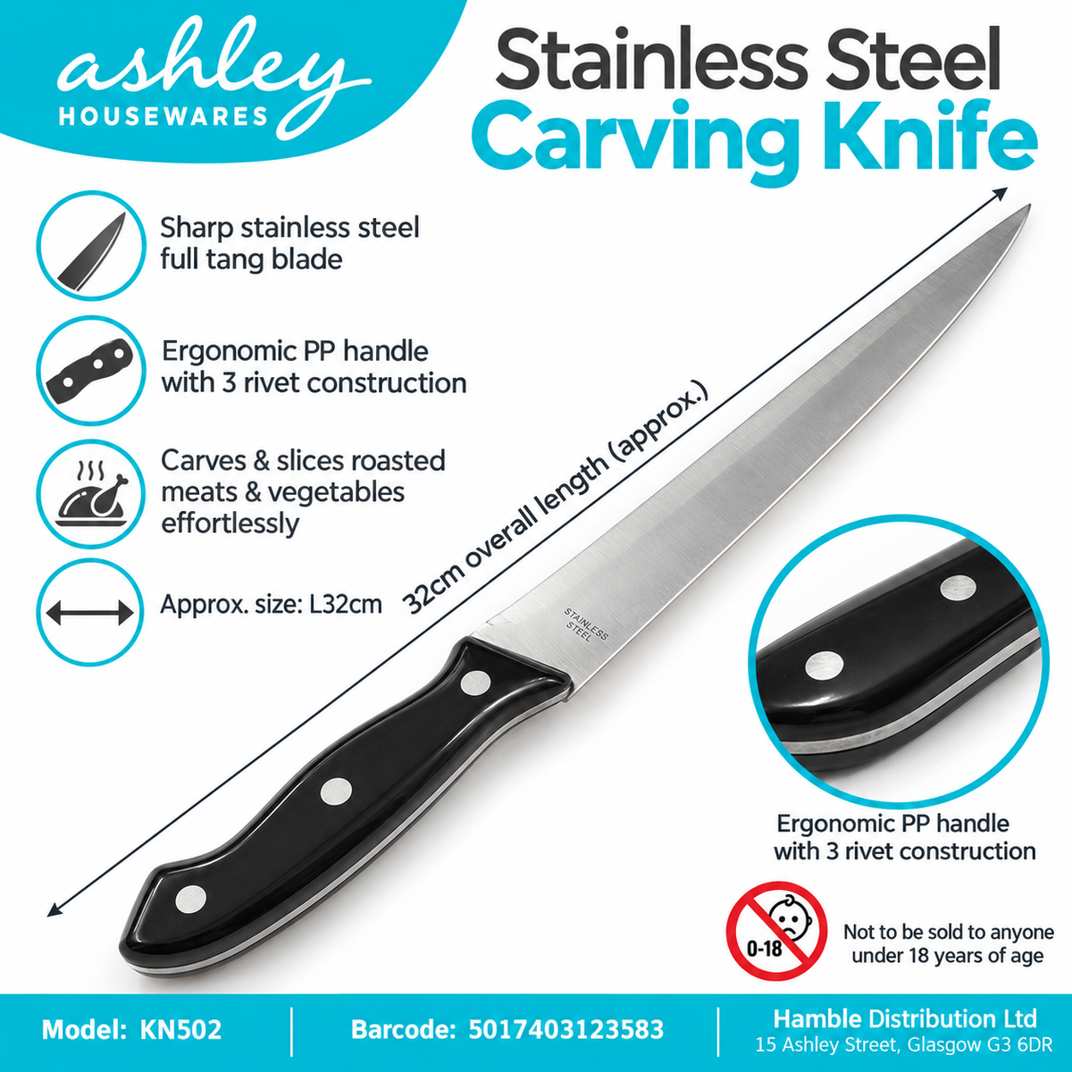 Ashley Housewares Stainless Steel Carving Knife back packaging