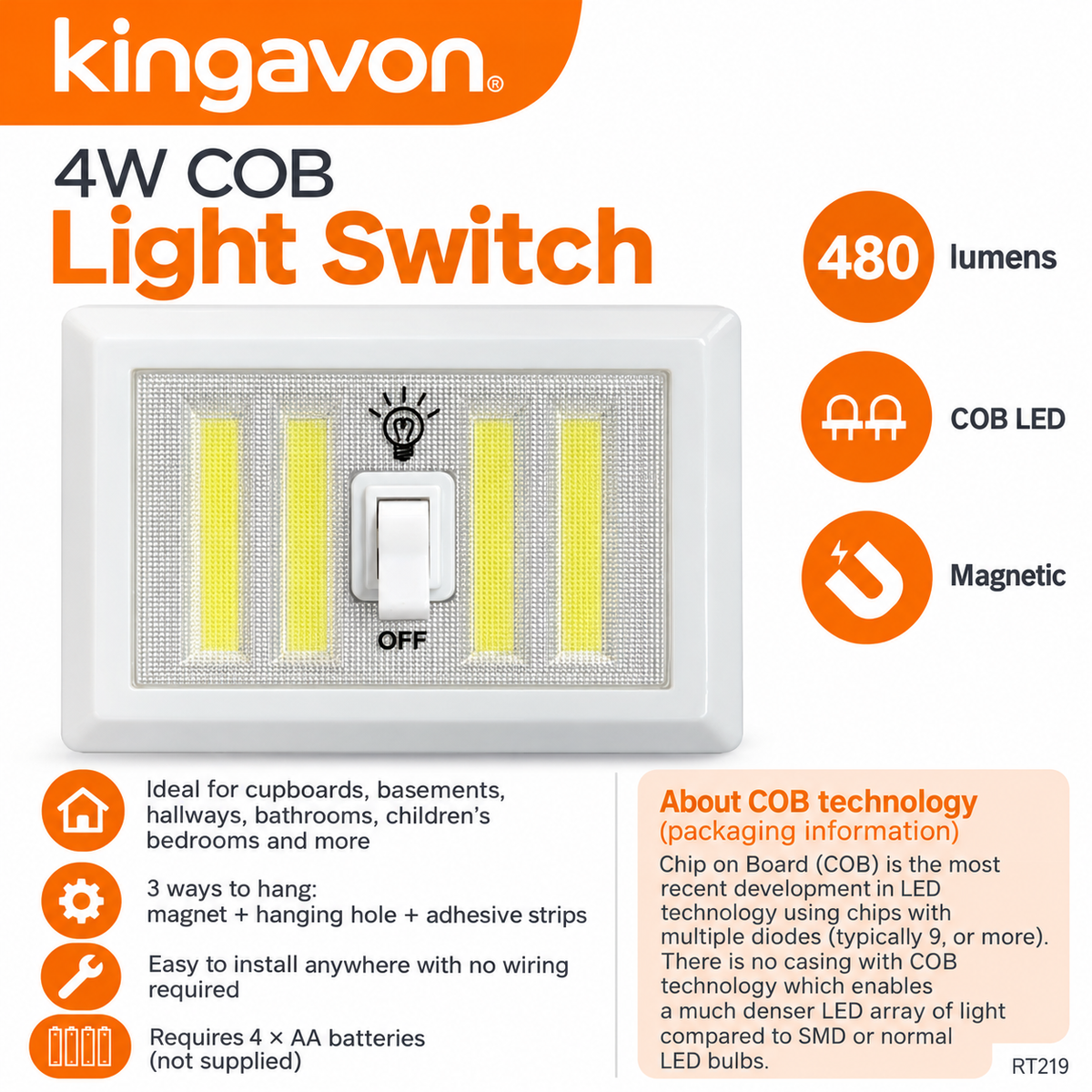 Back of Kingavon COB Light Switch packaging