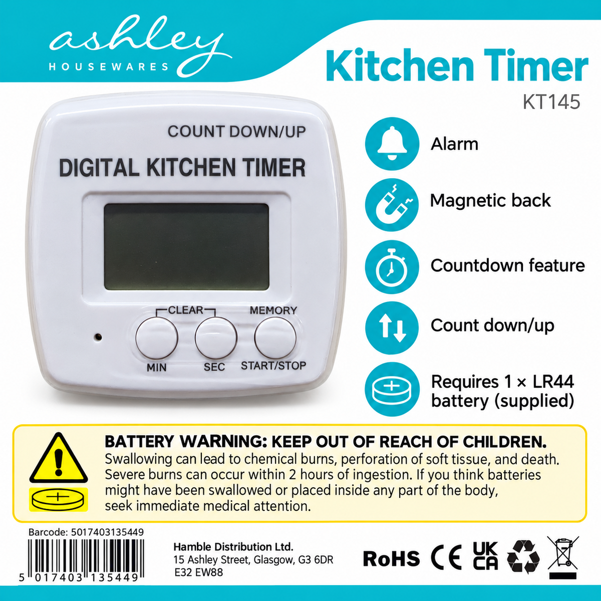 Back packaging of Ashley Housewares Digital Kitchen Timer