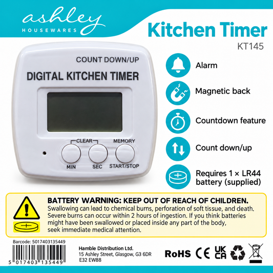 Back packaging of Ashley Housewares Digital Kitchen Timer