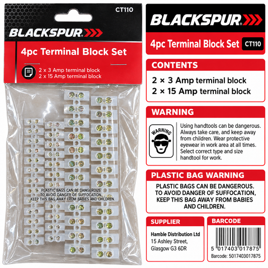 Back view of Blackspur 4pc Terminal Block Set packaging with safety instructions
