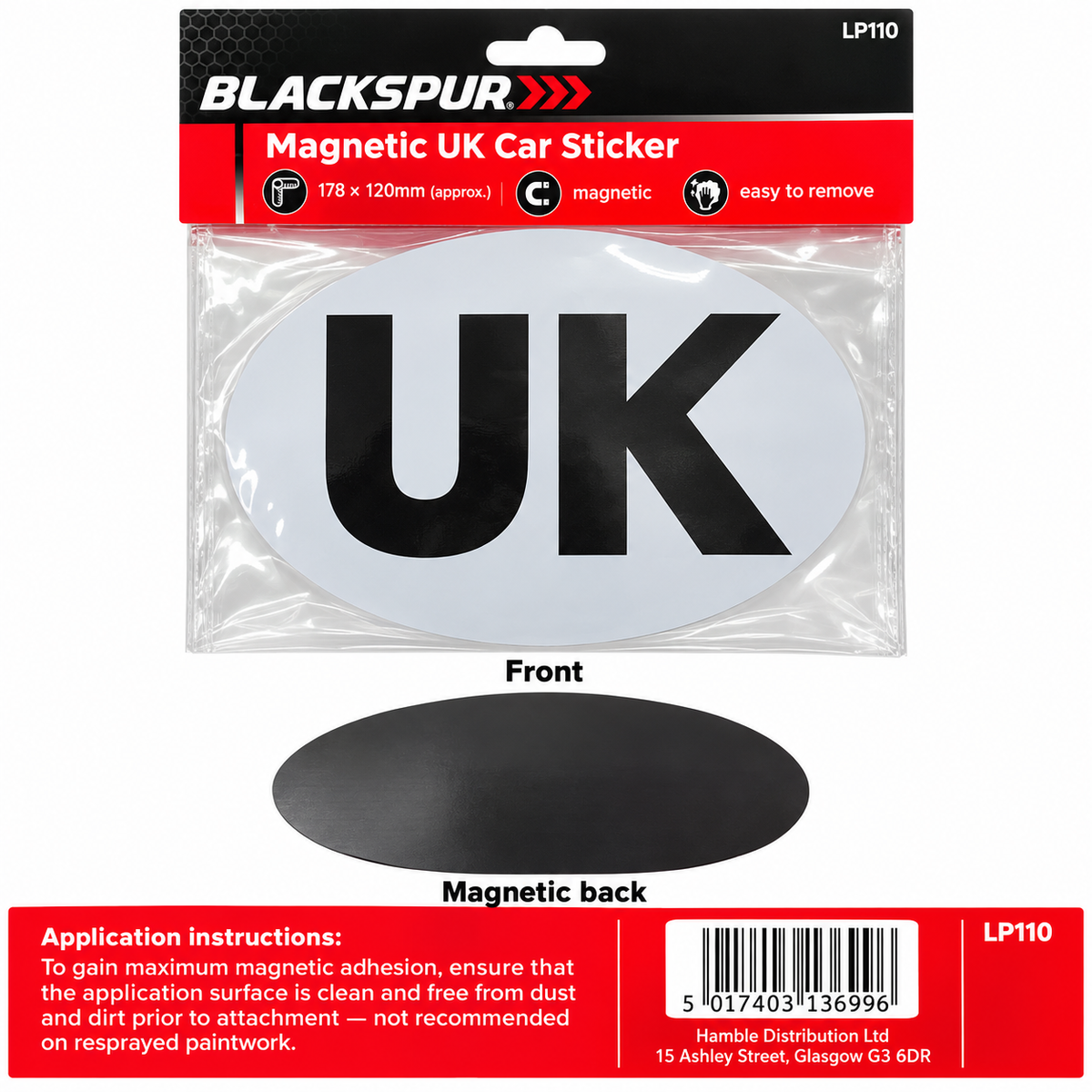 Blackspur Magnetic UK Car Sticker packaging back view