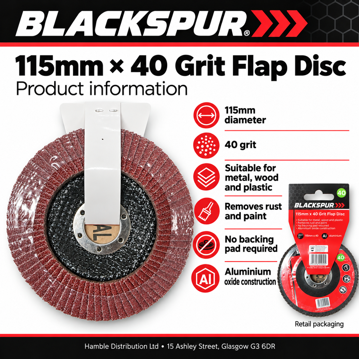 Blackspur 115mm x 40 Grit Flap Disc packaging back view