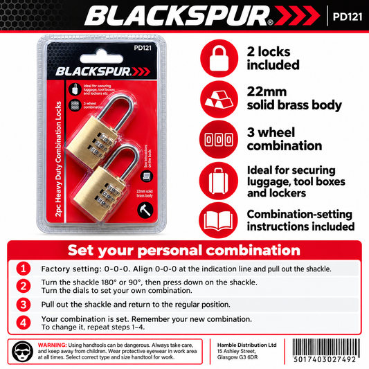 Instructions and features of Blackspur combination locks on packaging back