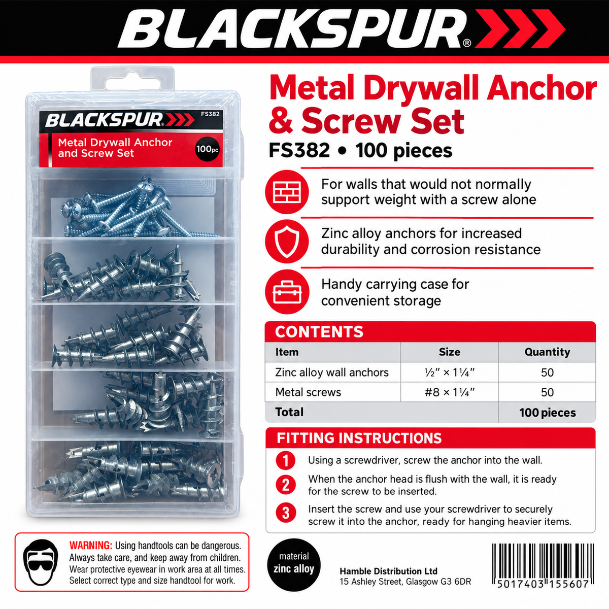 Back of Blackspur Metal Drywall Anchor and Screw Set FS382 showing details and instructions