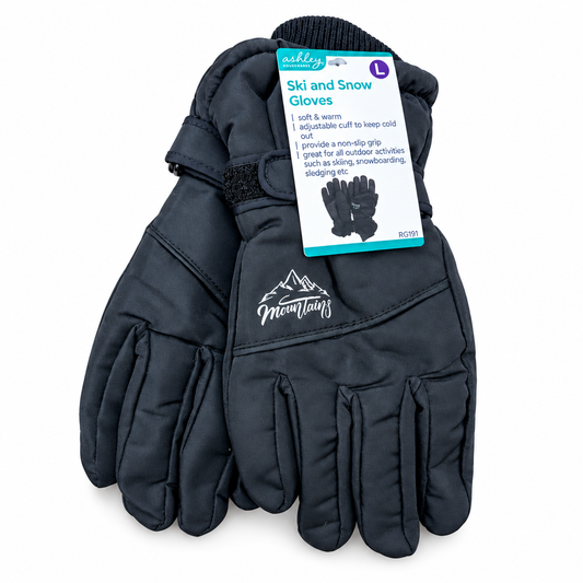 Back view of Ashley Housewares Ski and Snow Gloves, highlighting features like non-slip grip and care instructions.