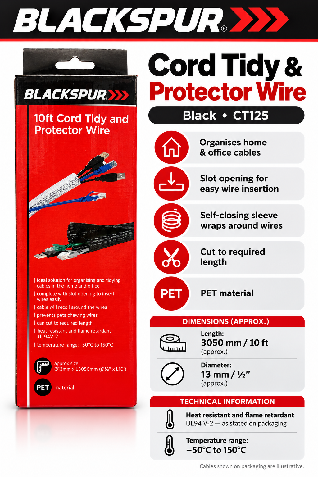 Blackspur 10ft Cord Tidy and Protector Wire packaging back