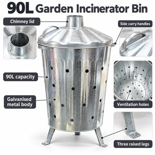 Product features of a 90L garden incinerator bin including handles and ventilation holes