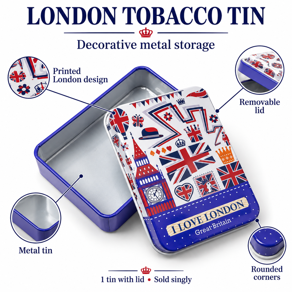 Open London tobacco tin with design details