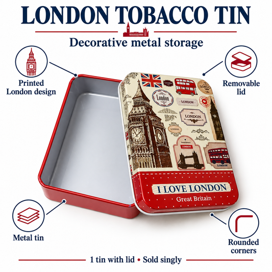 Opened metal storage tin showing London artwork