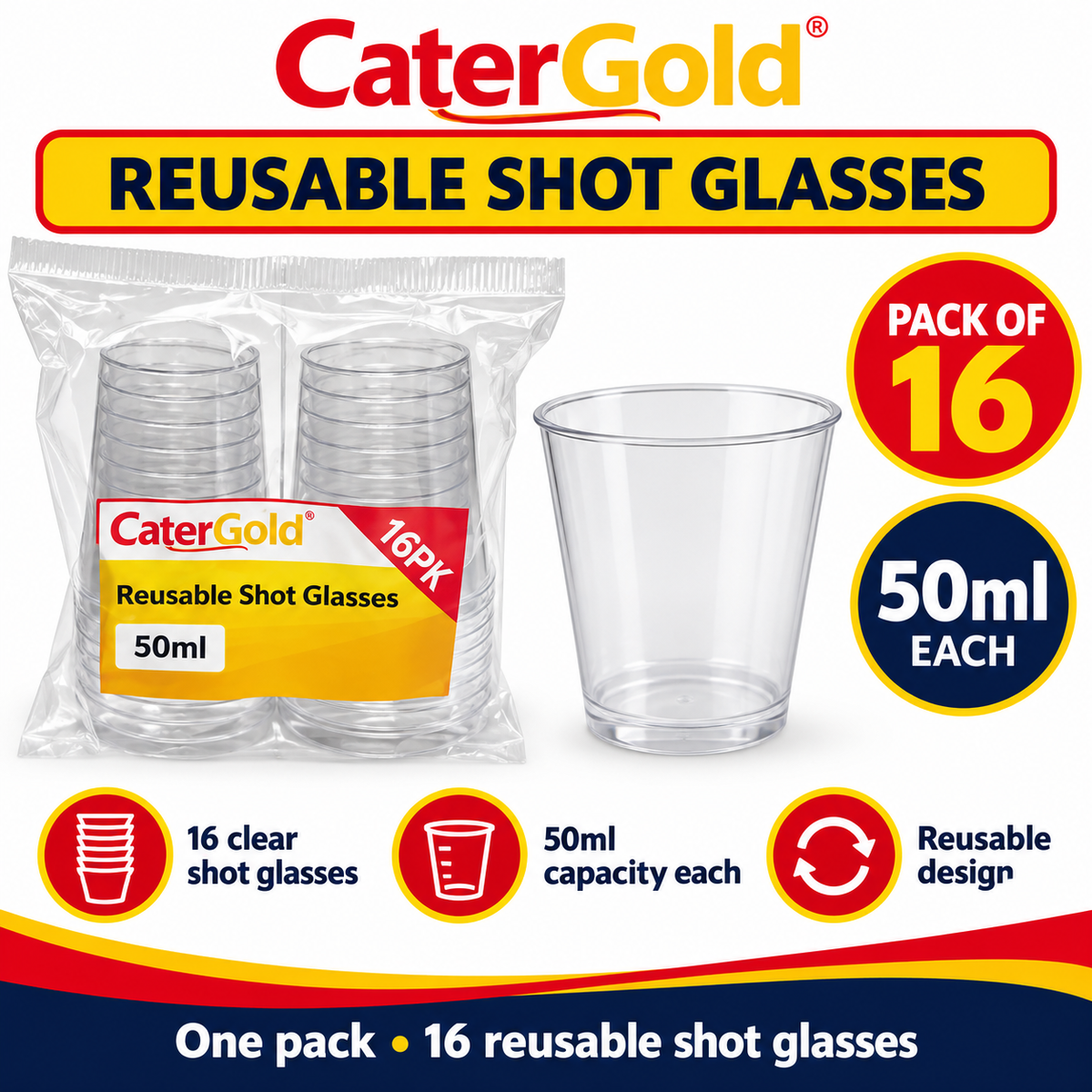 CaterGold Reusable Shot Glasses with packaging details