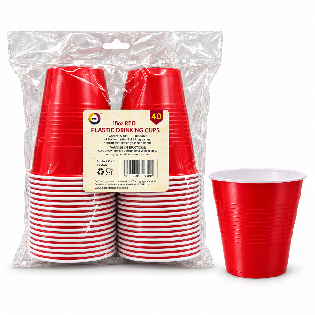 DID red plastic drinking cups displayed with key features