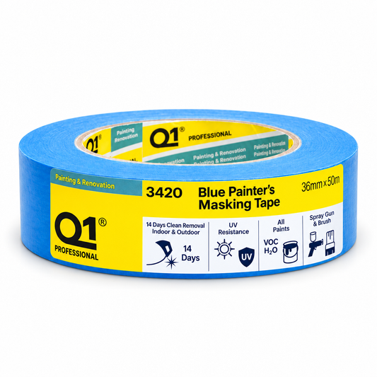 Packaging of Q1 Blue Painter's Masking Tape with specifications