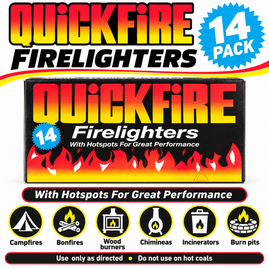 QuickFire Firelighters 14 pack back packaging with usage icons