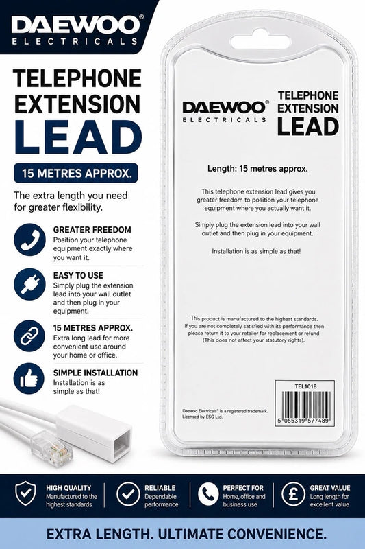 Daewoo 15m Telephone Extension Lead TEL1018 – Long Home & Office Phone Cable