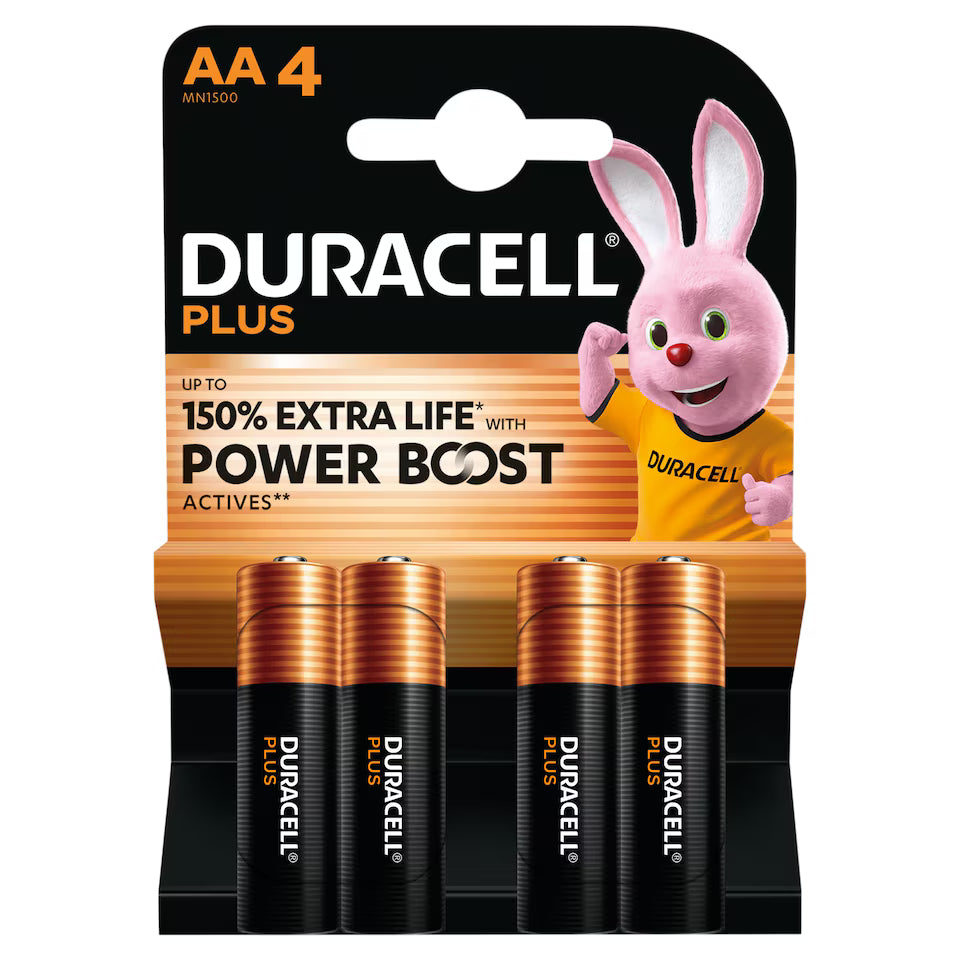 Duracell Plus AA Alkaline Batteries 4 Pack – POWER BOOST Actives