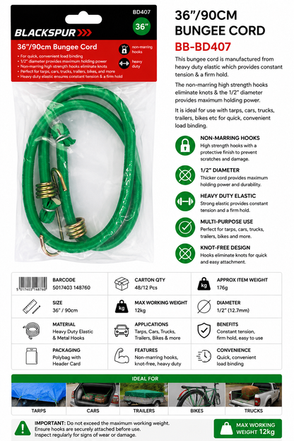 Blackspur 36"/90cm Bungee Cord – Heavy Duty Elastic Tie Down Cord