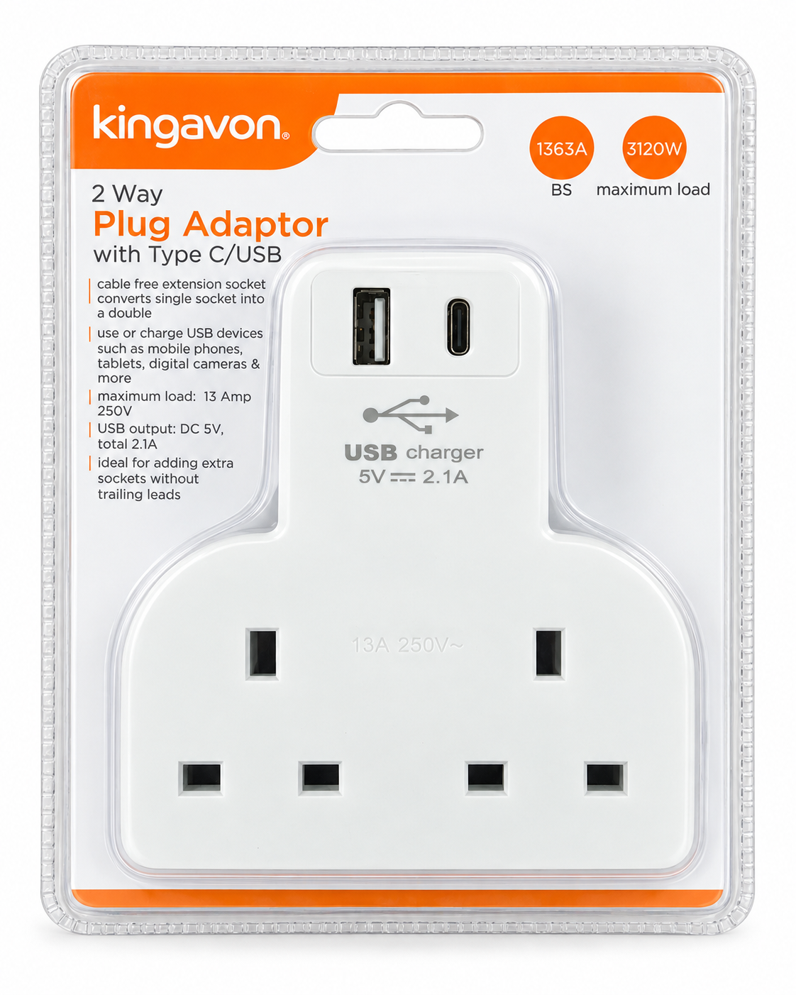 Kingavon 2 Way Plug Adaptor with USB-C & USB BB-PA080 – Double UK Socket & USB Charger