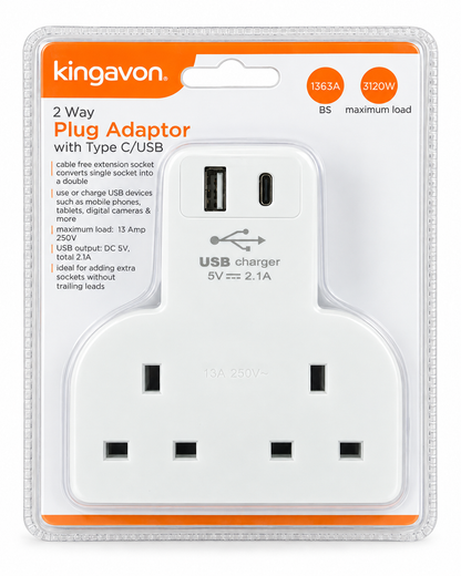 Kingavon 2 Way Plug Adaptor with USB-C & USB BB-PA080 – Double UK Socket & USB Charger