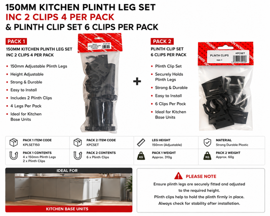 150mm Kitchen Plinth Leg Set with 2 Clips &amp; Plinth Clip Set – Kitchen Cabinet Fittings