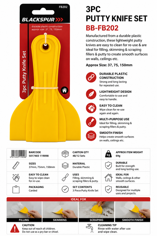 Blackspur 3PC Putty Knife Set – Plastic Filling, Skimming &amp; Scraping Tools