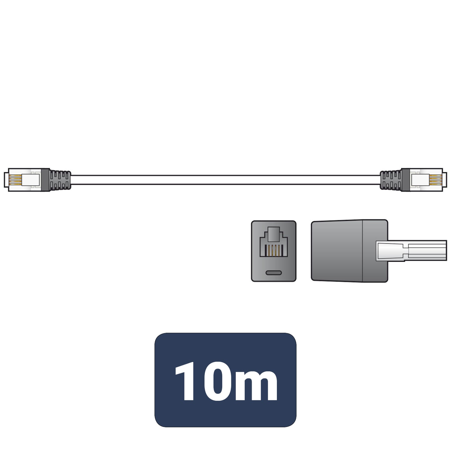 High Quality RJ11 Plug to Plug Modem Lead 10m Black with UK BT431A Telephone Adapter – 113.536UK