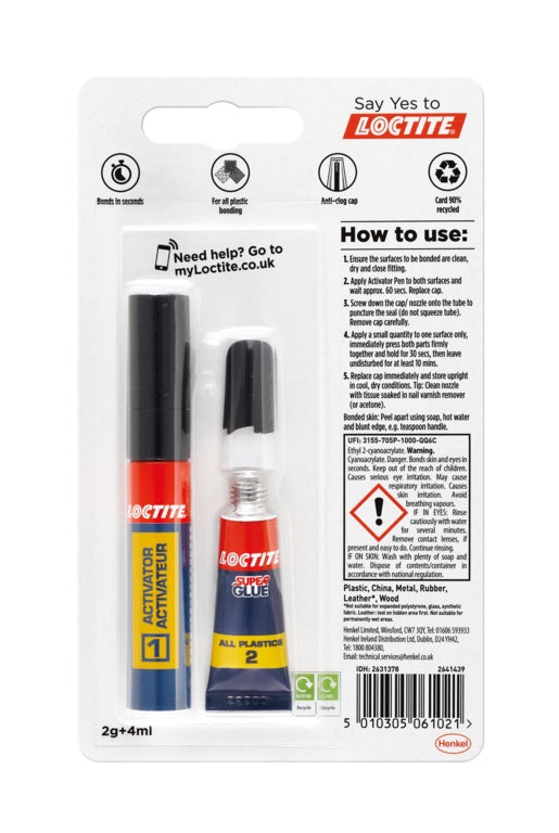 Loctite Super Glue All Plastics 2g + 4ml Activator – Rapid Two-Part Plastic Adhesive
