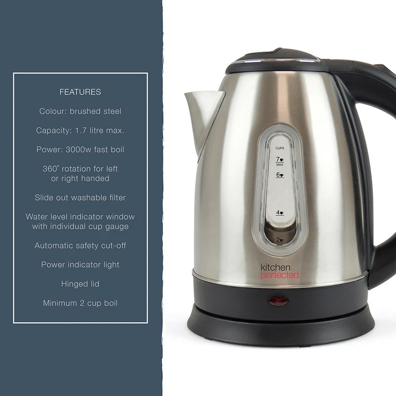 Kitchen Perfected Cordless Kettle 1.7L Brushed Steel - Fast Boil 3000W