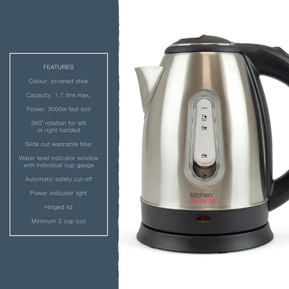 Kitchen Perfected Cordless Kettle 1.7L Brushed Steel - Fast Boil 3000W