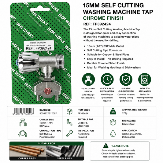 Iron Works 15mm Self Cutting Washing Machine Tap FP392424 – Chrome Appliance Water Tap
