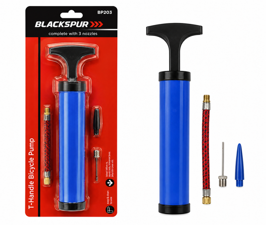 Blackspur T Handle Bicycle Hand Air Pump – Portable Bike Tyre Inflator with Ball Needle Adapter