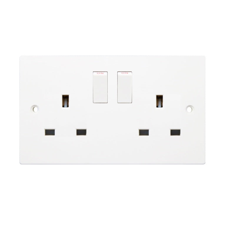 Securlec 2 Gang Switched Socket Double Pole 13A – Square Edge White Wall Socket