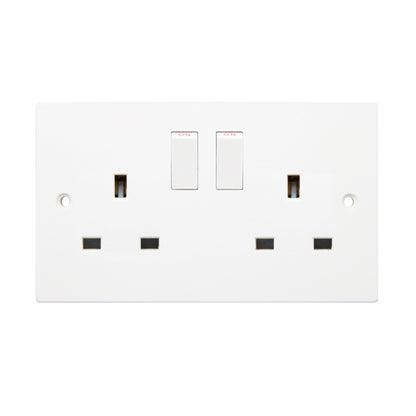 Securlec 2 Gang Switched Socket Double Pole 13A – Square Edge White Wall Socket