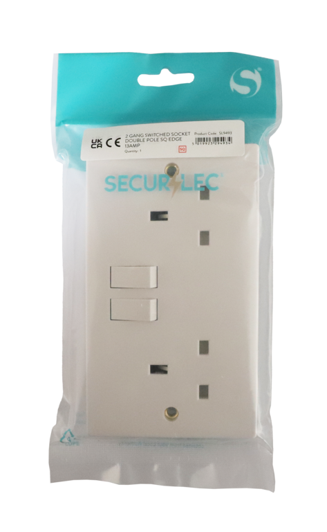 Securlec 2 Gang Switched Socket Double Pole 13A – Square Edge White Wall Socket