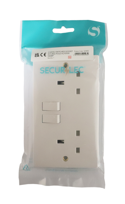Securlec 2 Gang Switched Socket Double Pole 13A – Square Edge White Wall Socket