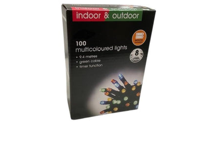 100 Multicoloured Indoor & Outdoor Lights – 8 Effects with Timer, 9.4 metres, Colour Options