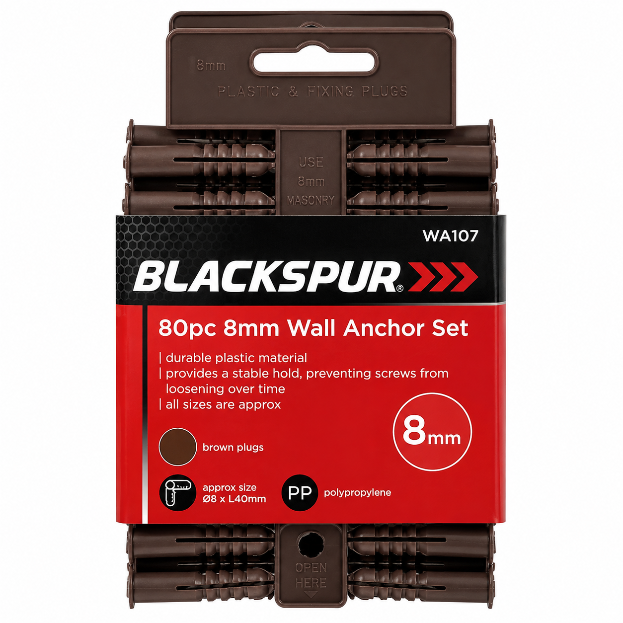 Blackspur 80PC 8mm Wall Anchor Set Brown BB-WA107 – 8 x 40mm Wall Plugs