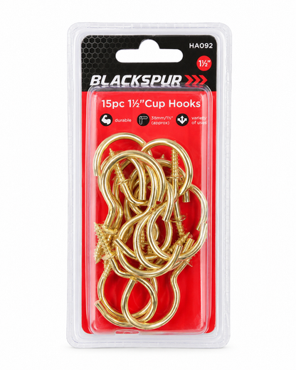 15PC Cup Hooks 1½" / 38mm – Brass Plated