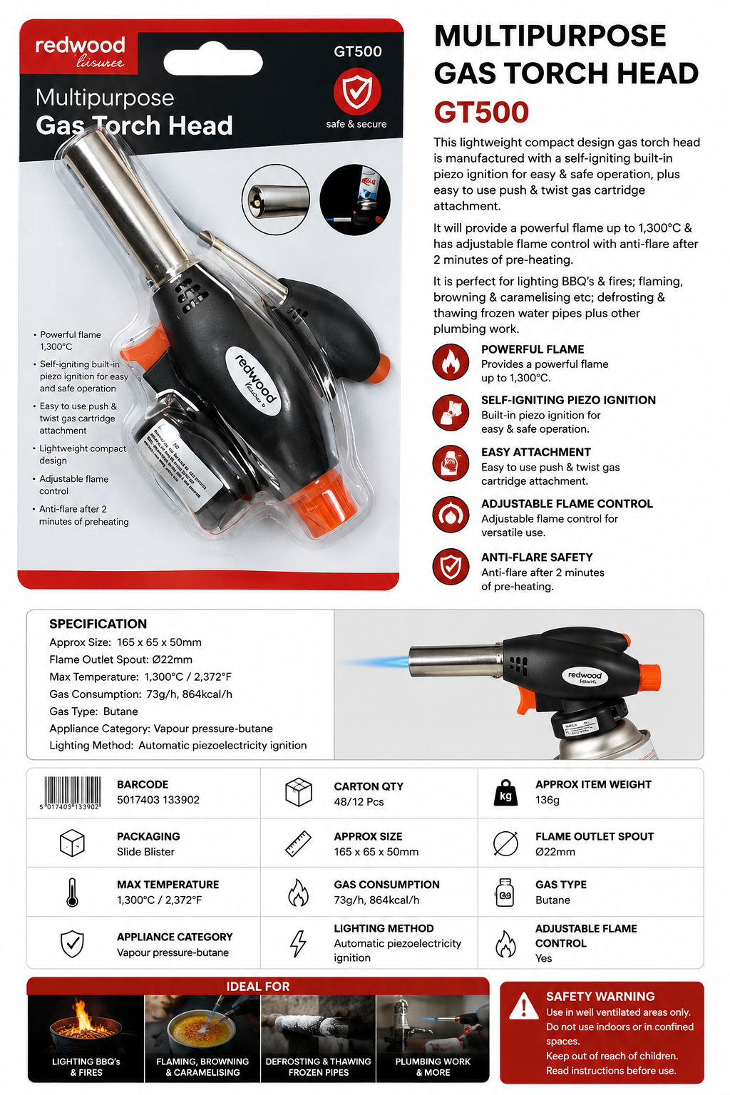 Redwood Leisure Multipurpose Gas Torch Head – Piezo Ignition Butane Blow Torch