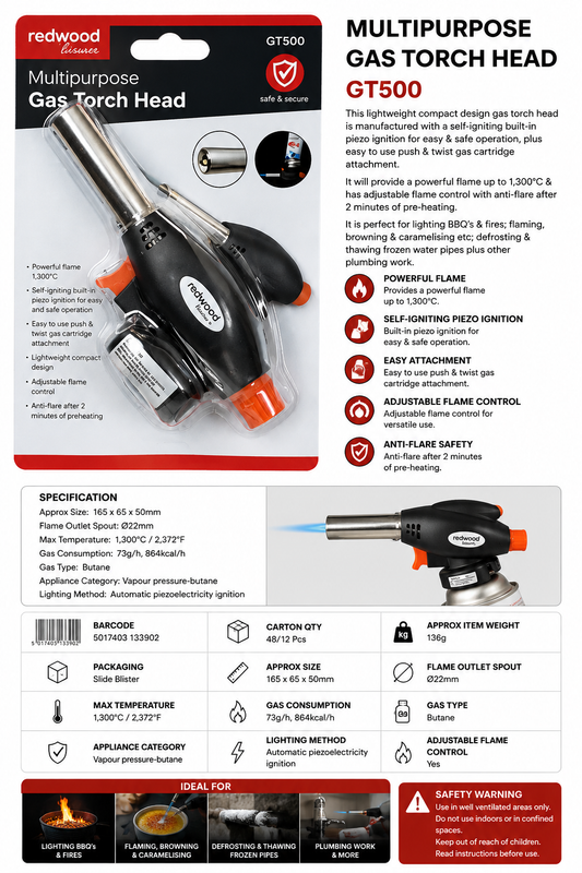 Redwood Leisure Multipurpose Gas Torch Head – Piezo Ignition Butane Blow Torch
