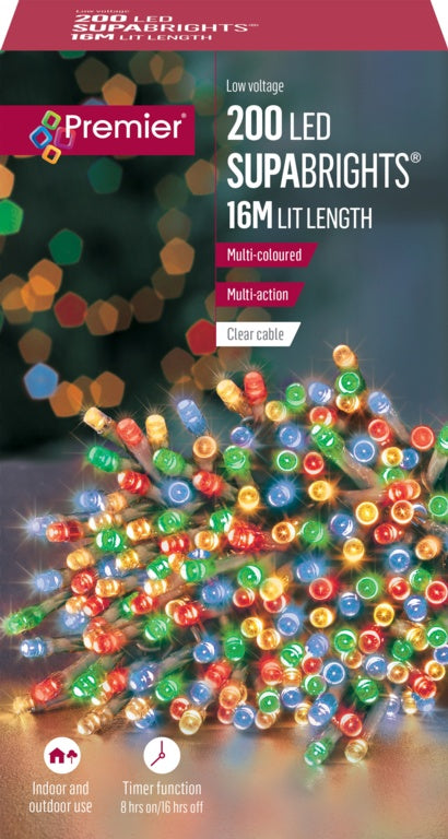 Premier 200 LED Multi Action Supabrights With Timer - Multi Coloured /Clear Cable