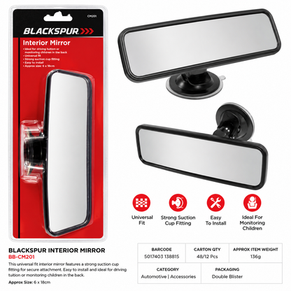 Blackspur Interior Mirror – Universal Suction Cup Car Mirror 6 x 18cm