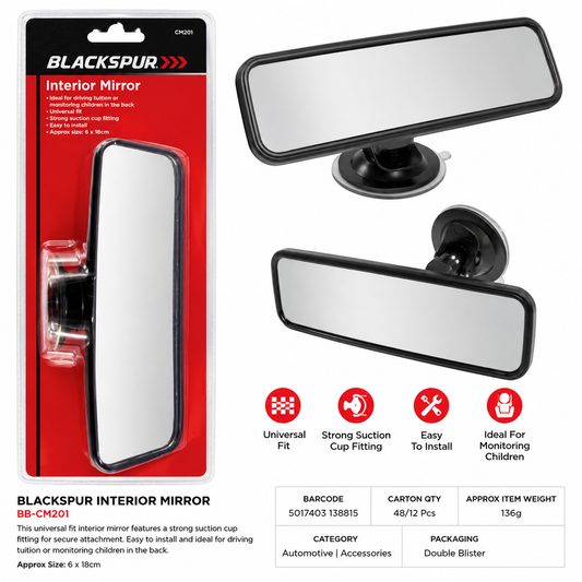 Blackspur Interior Mirror – Universal Suction Cup Car Mirror 6 x 18cm