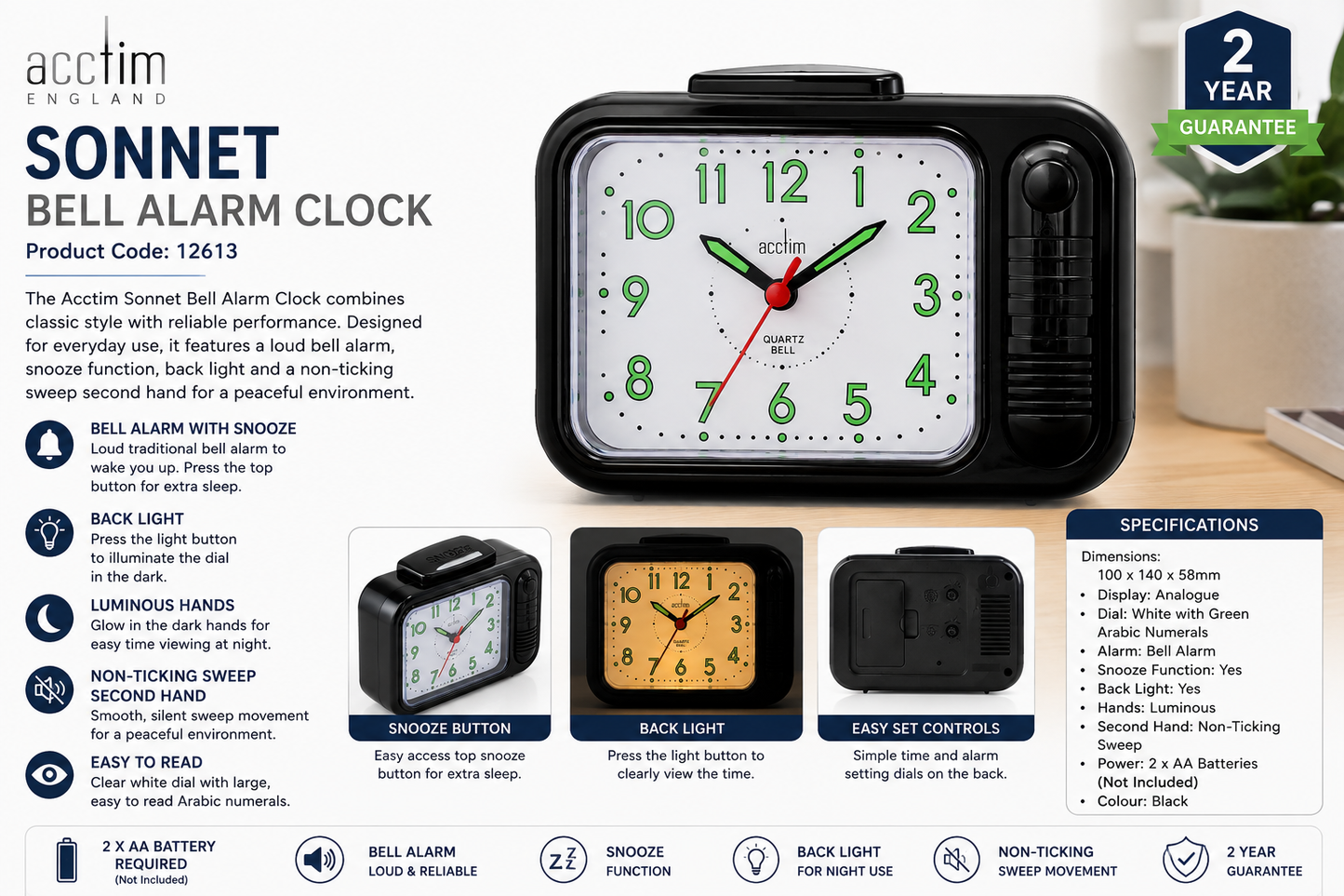 Acctim Sonnet Bell Alarm Clock 12613 – Non-Ticking Alarm with Snooze, Backlight & 2 Year Guarantee