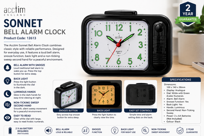 Acctim Sonnet Bell Alarm Clock 12613 – Non-Ticking Alarm with Snooze, Backlight & 2 Year Guarantee