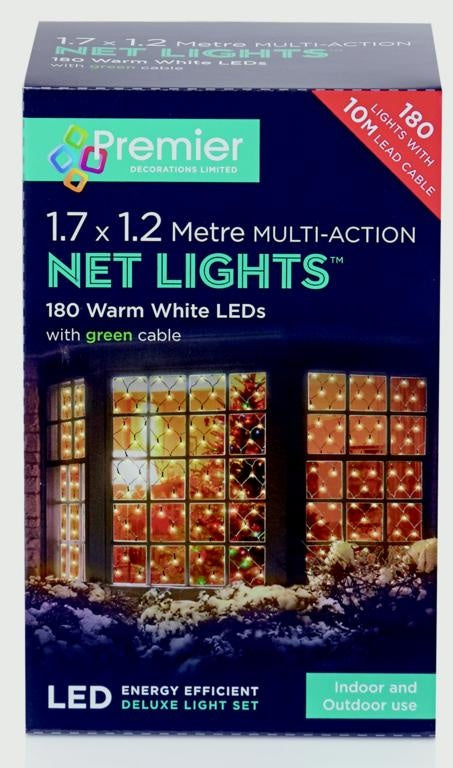 Premier Multi-Action LED Net Lights - 180 LED 1.7 x 1.2m Warm White