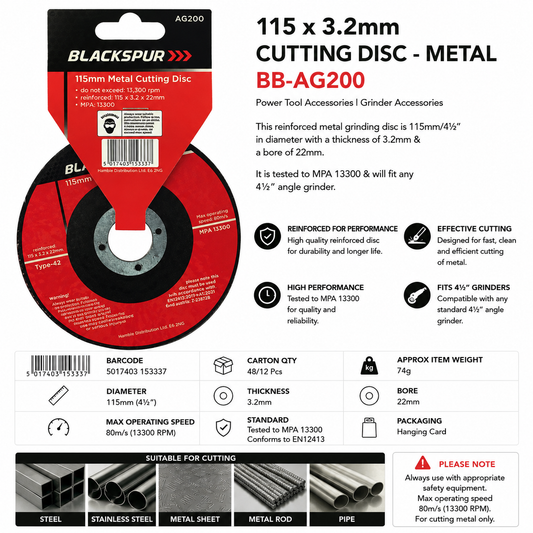 Blackspur 115 x 3.2mm Metal Cutting Disc BB-AG200 – 4½" Angle Grinder Disc