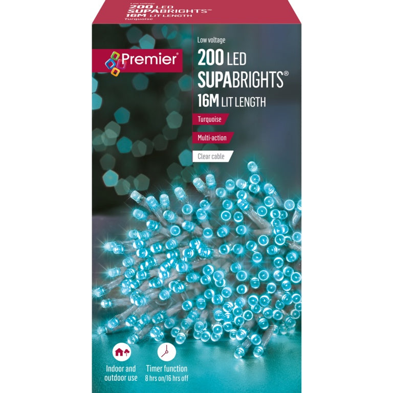 Premier 200 LED Multi Action Supabrights With Timer - Turquoise Clear Cable