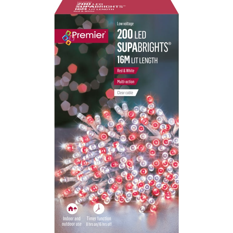 Premier 200 LED Multi Action Supabrights With Timer - Red & White/Clear Cable