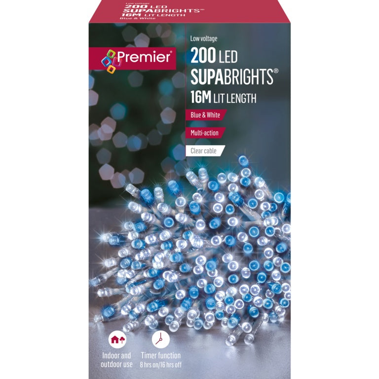 Premier 200 LED Multi Action Supabrights With Timer - Blue & White/Clear Cable